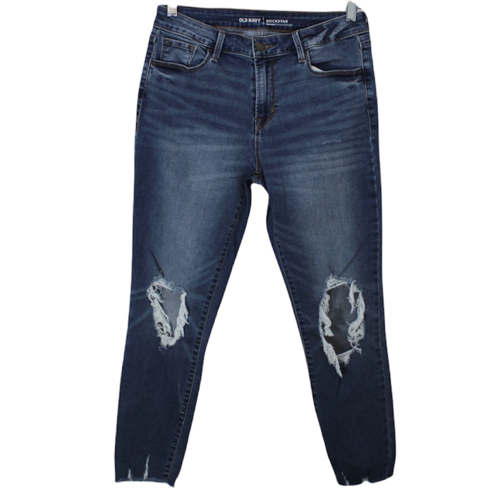OLD NAVY Rockstar Mid-Rise Distressed Raw Hem Jeans Stretch Denim Knee Holes 8